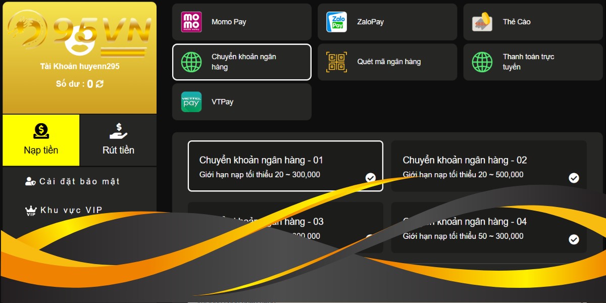 Nạp tiền vào tài khoản 95VN qua chuyển khoản ngân hàng